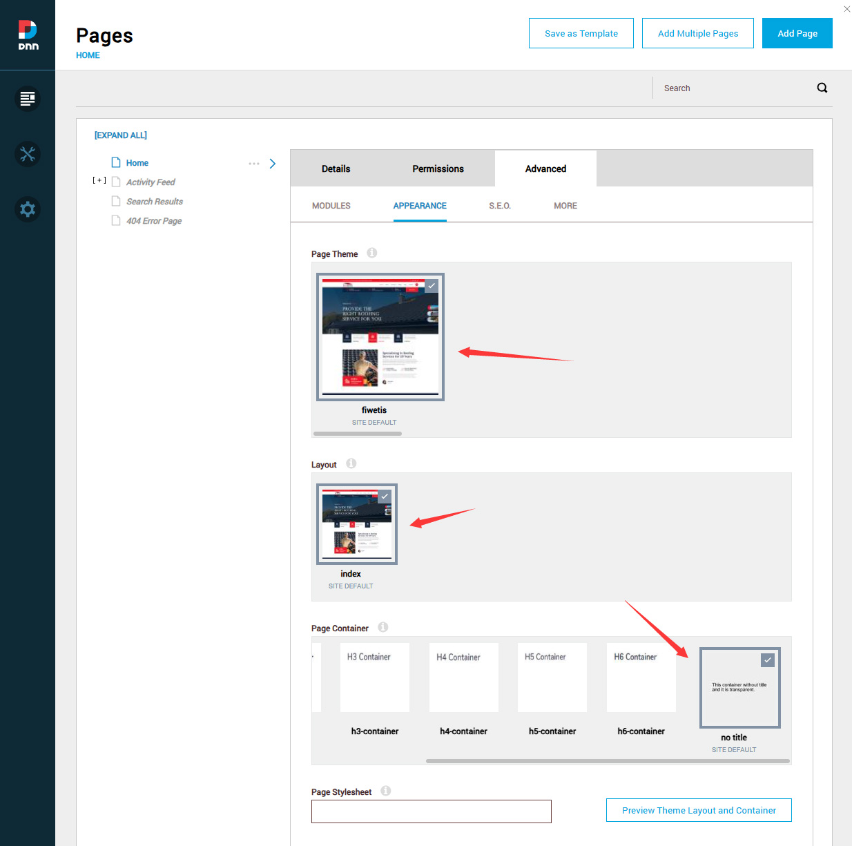 Set page Theme/Layout/Container