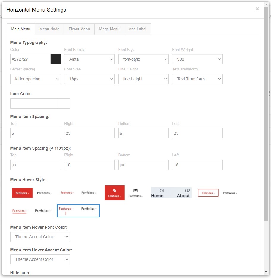 Horizontal Menu Settings Interface
